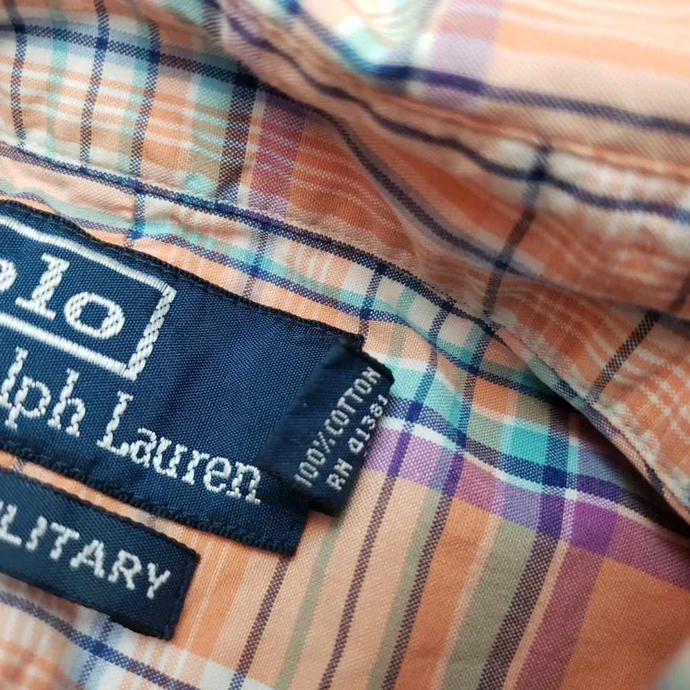 Polo Ralph Lauren Shirt Mens Large Orange Trim Military Long Sleeve Button Plaid